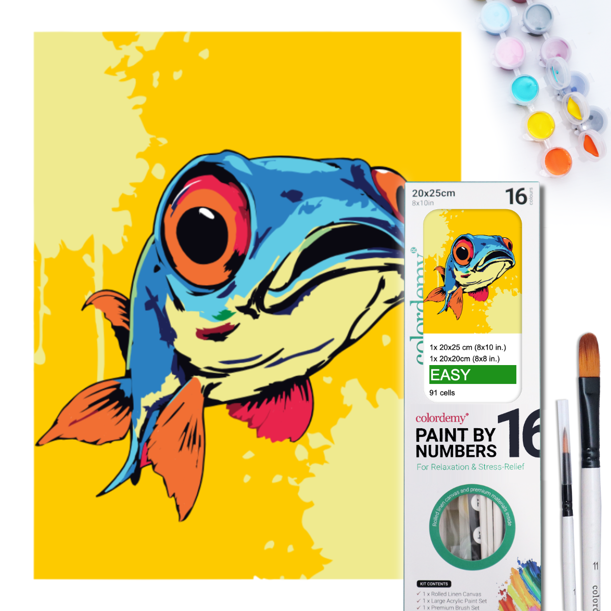 2-in-1 Paint by Numbers Kit - Rolled Canvases (20x25cm & 20x20cm), 16 Colours (Pop Party Palette - Blue Fish)