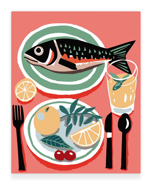 40x50cm Paint by Numbers Kit: Savouring the Catch: Fish on the Dinner Table.