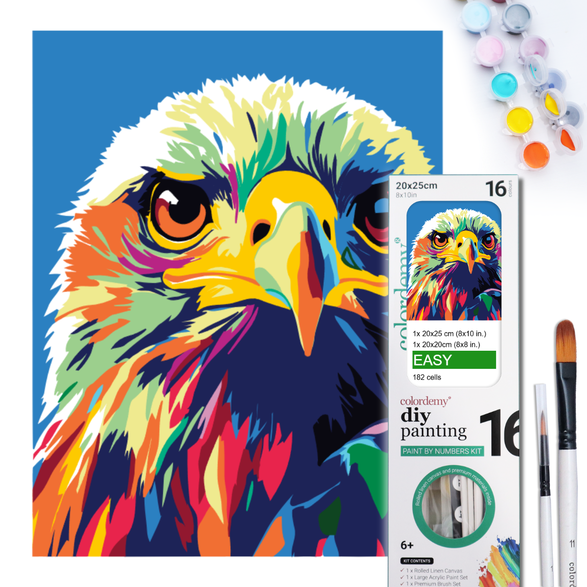 2-in-1 Paint by Numbers Kit - Rolled Canvases (20x25cm & 20x20cm), 16 Colours (Pop Party Palette - Eagle)