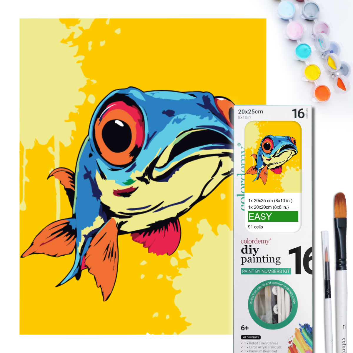 2-in-1 Paint by Numbers Kit - Rolled Canvases (20x25cm & 20x20cm), 16 Colours (Pop Party Palette - Blue Fish)