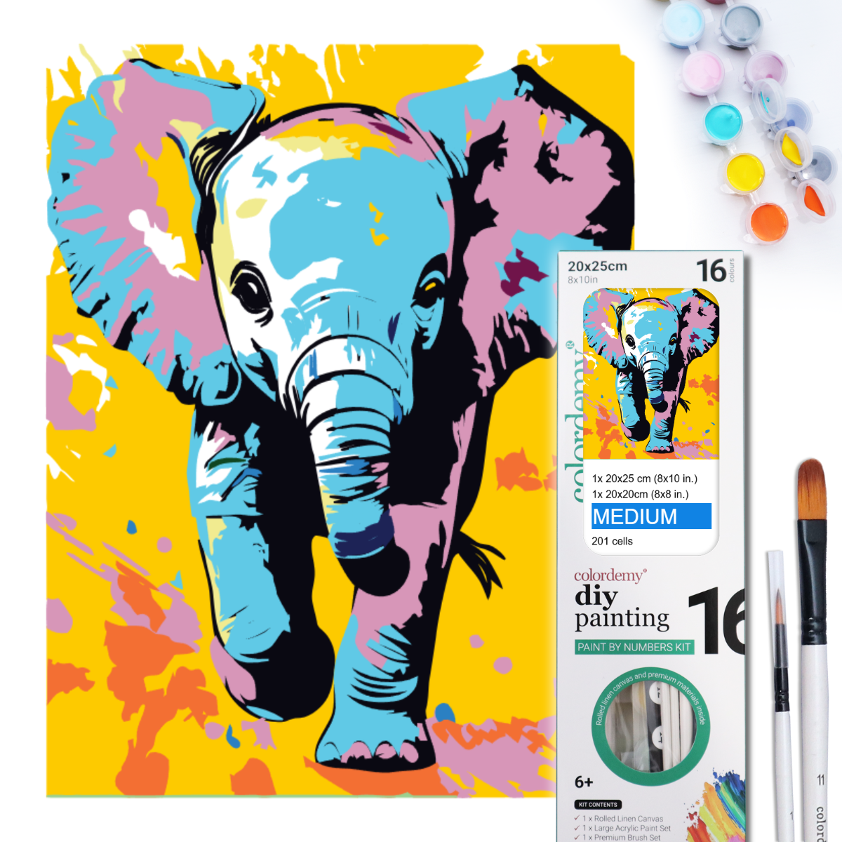 2-in-1 Paint by Numbers Kit - Rolled Canvases (20x25cm & 20x20cm), 16 Colours (Pop Party Palette - Elephant)