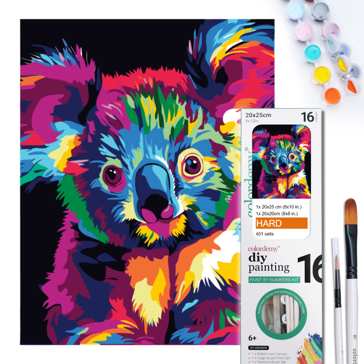 2-in-1 Paint by Numbers Kit - Rolled Canvases (20x25cm & 20x20cm), 16 Colours (Bold In Black - Koala)