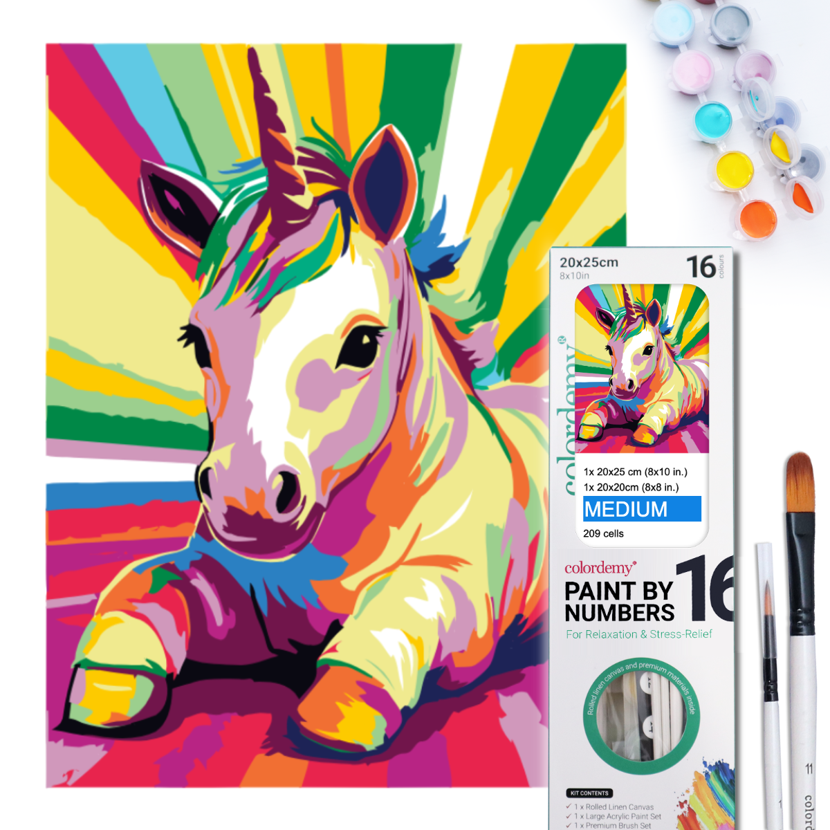 2-in-1 Paint by Numbers Kit - Rolled Canvases (20x25cm & 20x20cm), 16 Colours (Pop Party Palette - Unicorn)