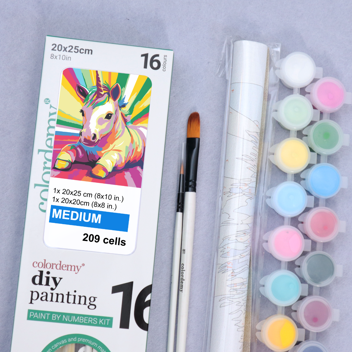 2-in-1 Paint by Numbers Kit - Rolled Canvases (20x25cm & 20x20cm), 16 Colours (Pop Party Palette - Unicorn)