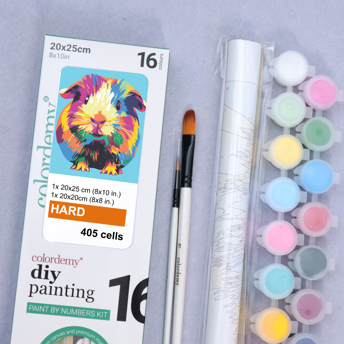 2-in-1 Paint by Numbers Kit - Rolled Canvases (20x25cm & 20x20cm), 16 Colours (Pop Party Palette - Guinea Pig)