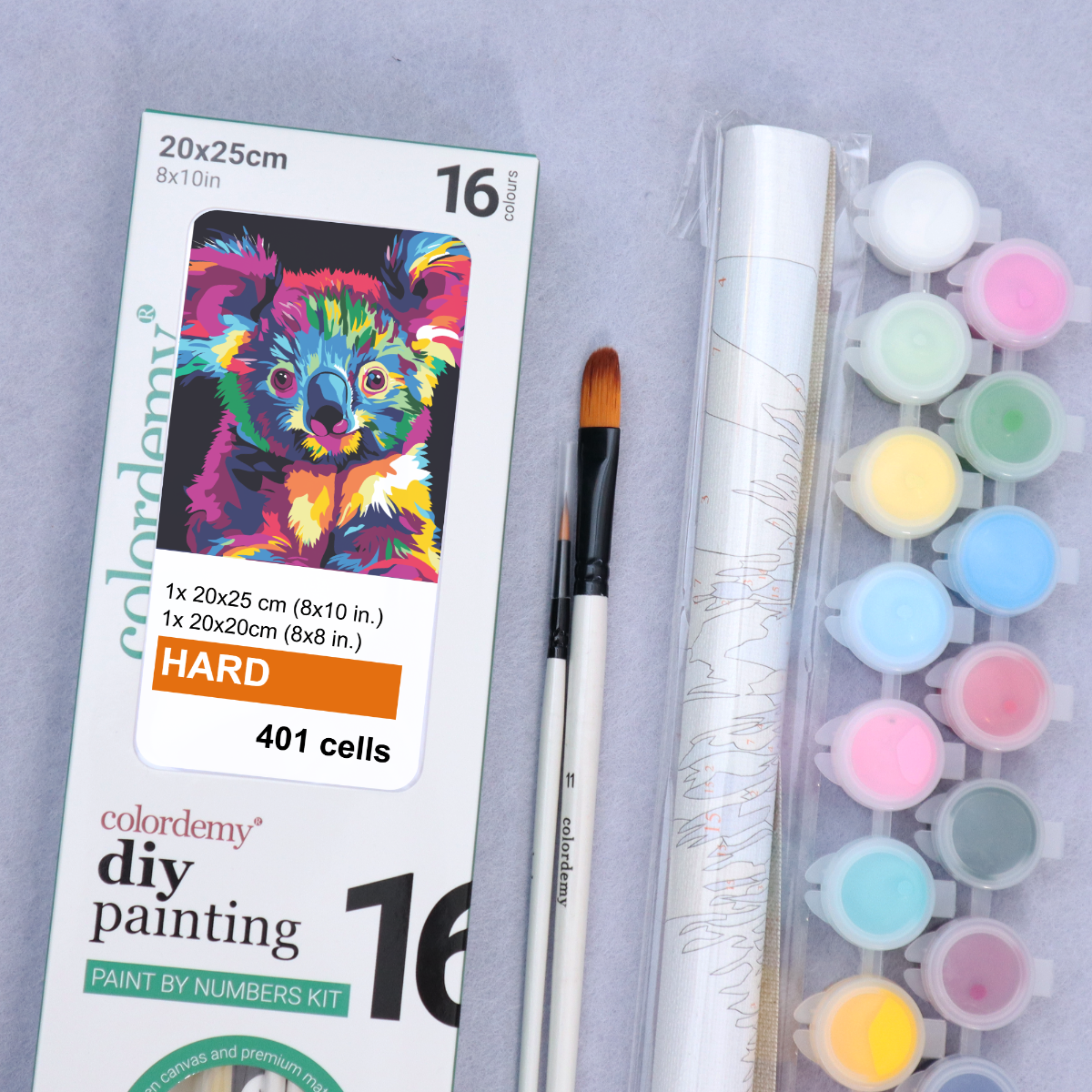2-in-1 Paint by Numbers Kit - Rolled Canvases (20x25cm & 20x20cm), 16 Colours (Bold In Black - Koala)