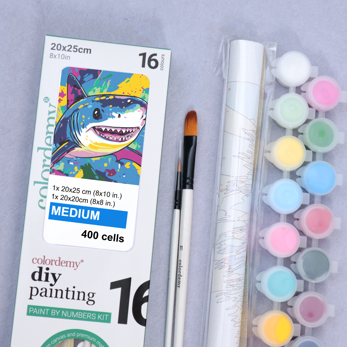 2-in-1 Paint by Numbers Kit - Rolled Canvases (20x25cm & 20x20cm), 16 Colours (Pop Party Palette - Shark)