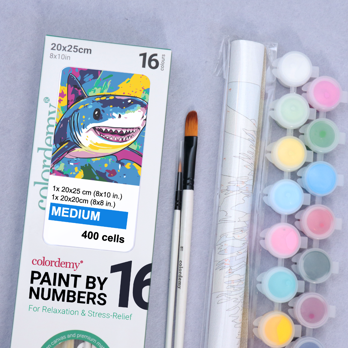 2-in-1 Paint by Numbers Kit - Rolled Canvases (20x25cm & 20x20cm), 16 Colours (Pop Party Palette - Shark)