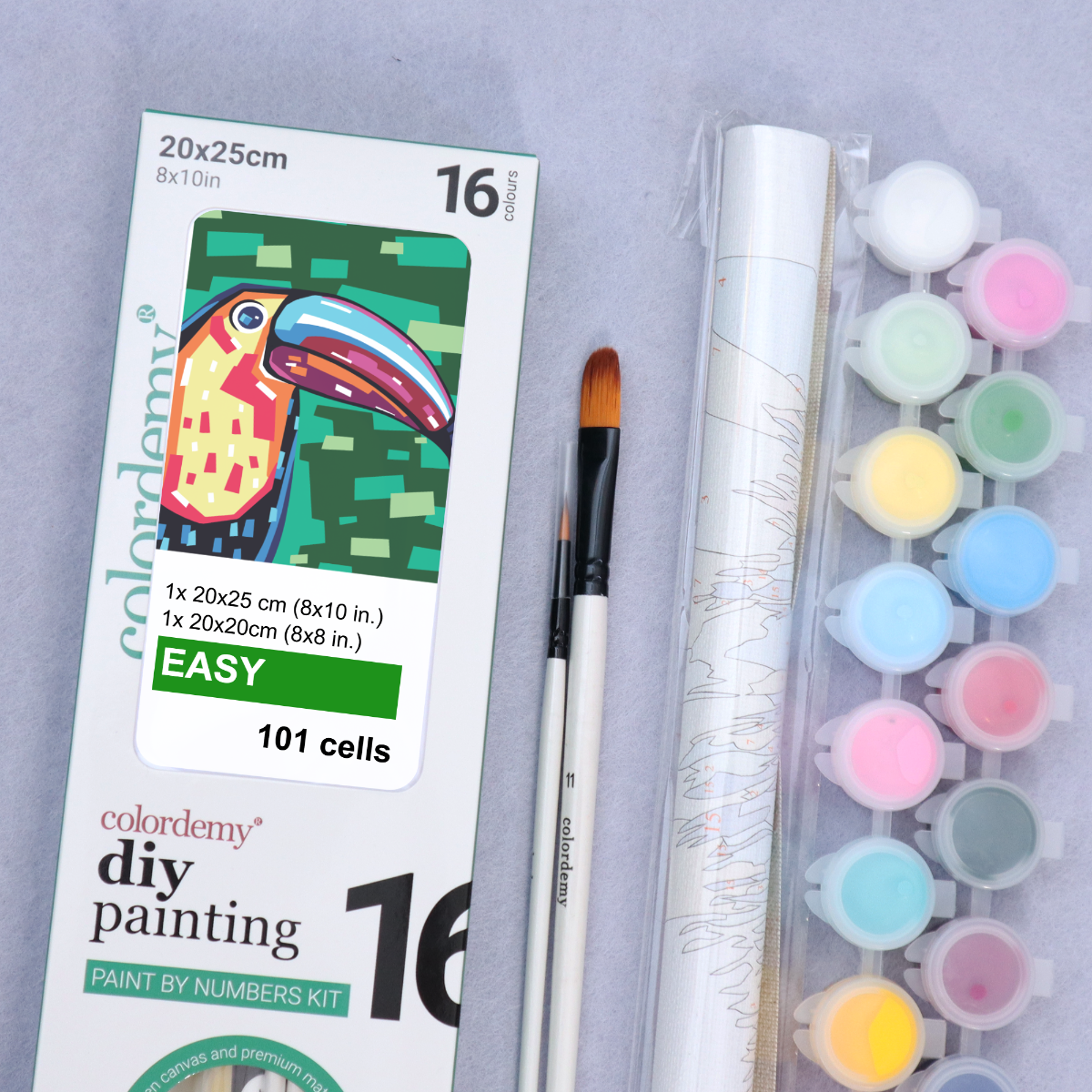 2-in-1 Paint by Numbers Kit - Rolled Canvases (20x25cm & 20x20cm), 16 Colours (Geometric Pop Art - Toucan)