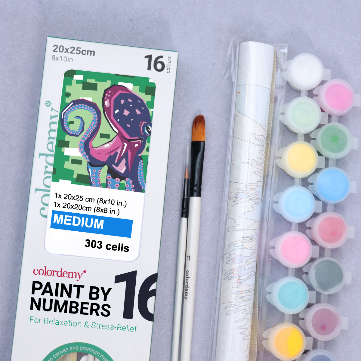 2-in-1 Paint by Numbers Kit - Rolled Canvases (20x25cm & 20x20cm), 16 Colours (Geometric Pop Art - Octopus)
