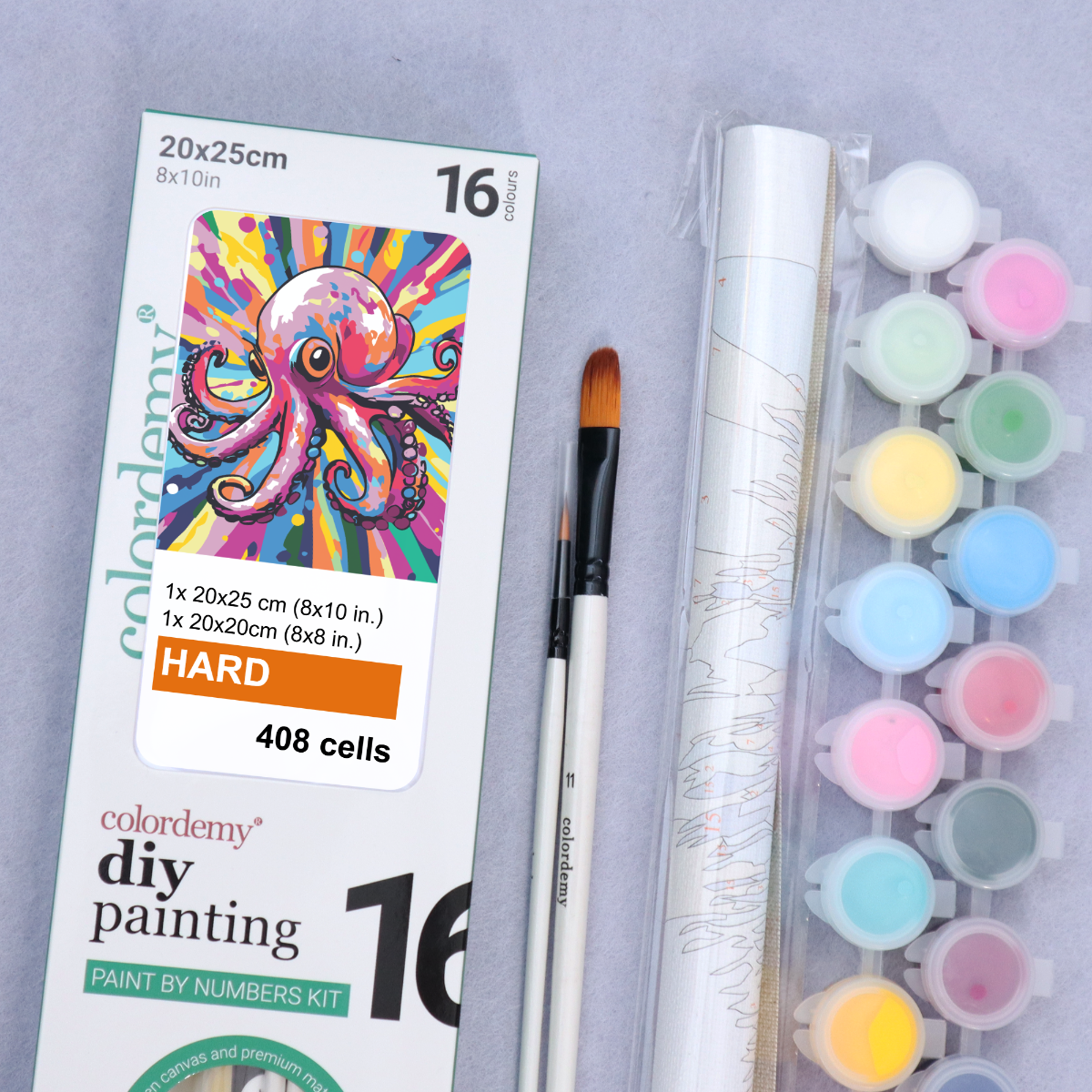 2-in-1 Paint by Numbers Kit - Rolled Canvases (20x25cm & 20x20cm), 16 Colours (Pop Party Palette - Octopus)
