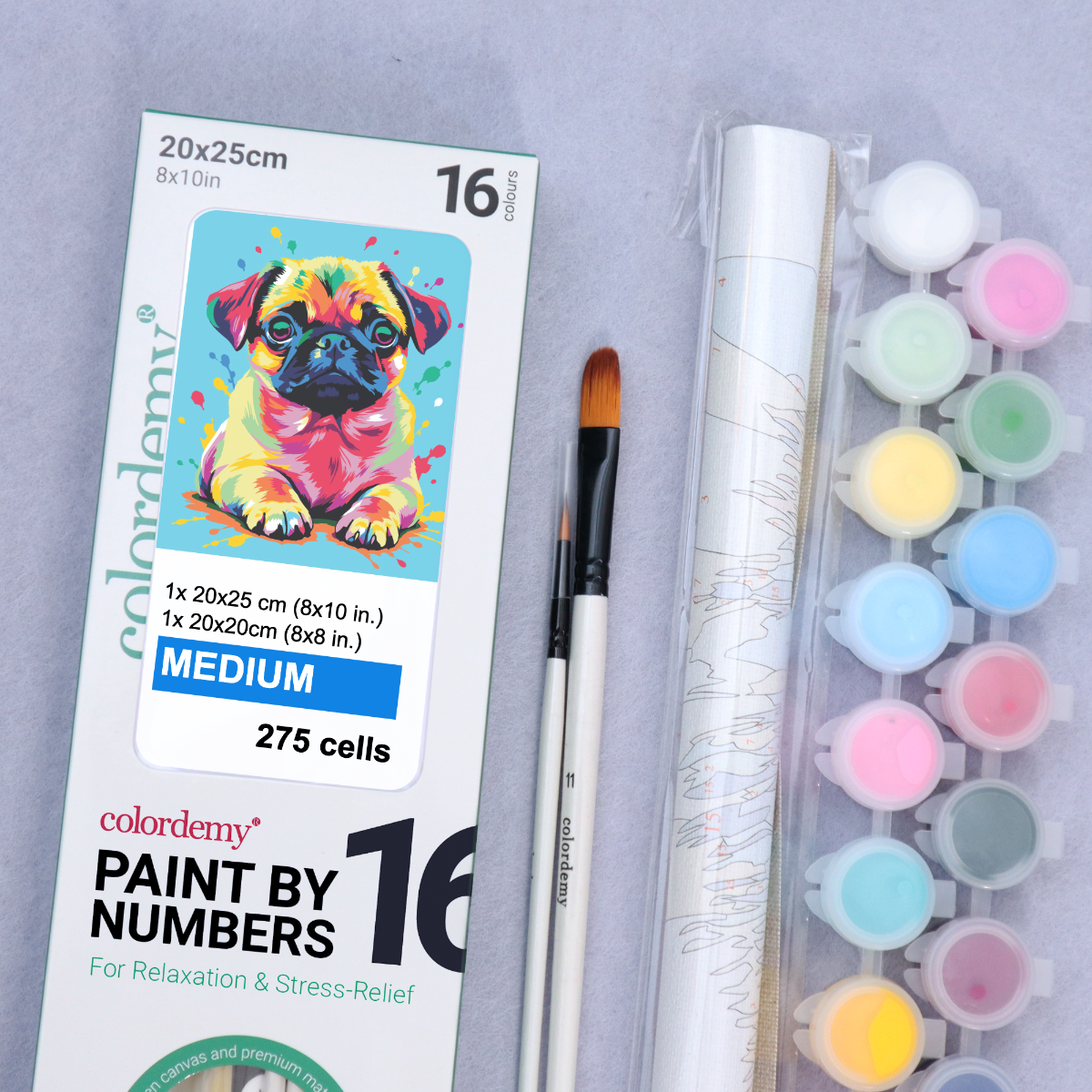 2-in-1 Paint by Numbers Kit - Rolled Canvases (20x25cm & 20x20cm), 16 Colours (Pop Party Palette - Cute Pug)
