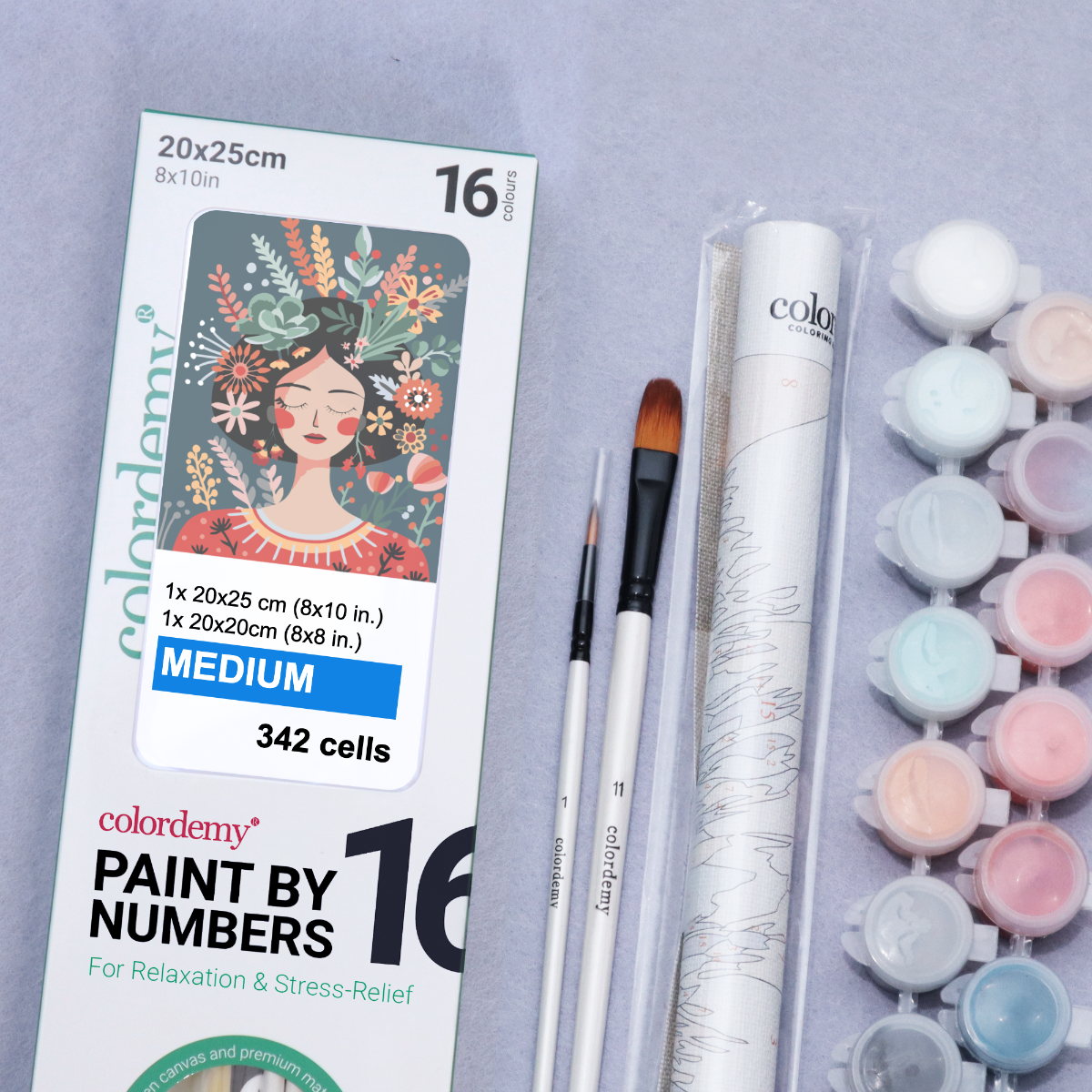 2-in-1 Paint by Numbers Kit - Rolled Canvases (20x25cm & 20x20cm), 16 Colours (Hue & Whimsy Collection - Floral Hair Lady)