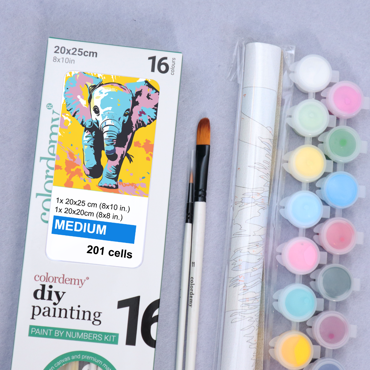 2-in-1 Paint by Numbers Kit - Rolled Canvases (20x25cm & 20x20cm), 16 Colours (Pop Party Palette - Elephant)