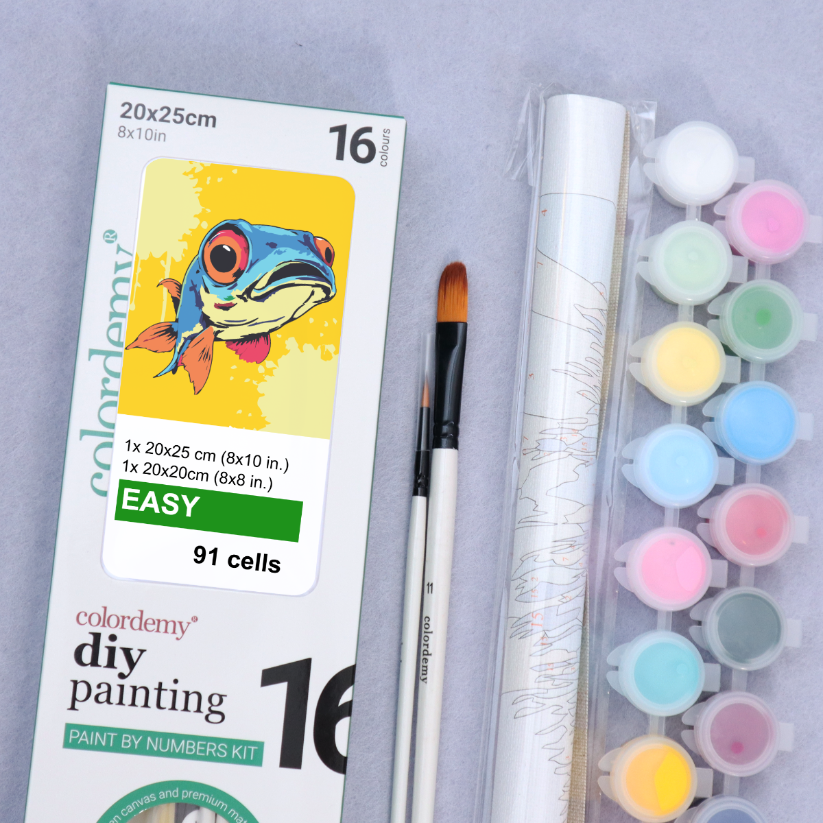 2-in-1 Paint by Numbers Kit - Rolled Canvases (20x25cm & 20x20cm), 16 Colours (Pop Party Palette - Blue Fish)
