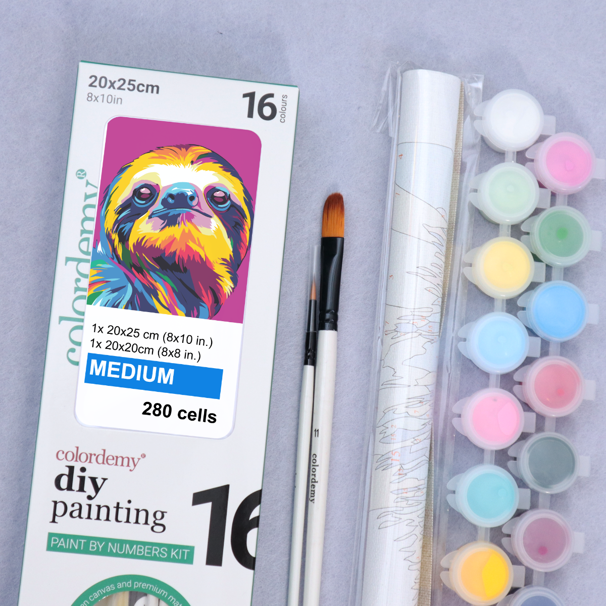 2-in-1 Paint by Numbers Kit - Rolled Canvases (20x25cm & 20x20cm), 16 Colours (Pop Party Palette - Sloth)