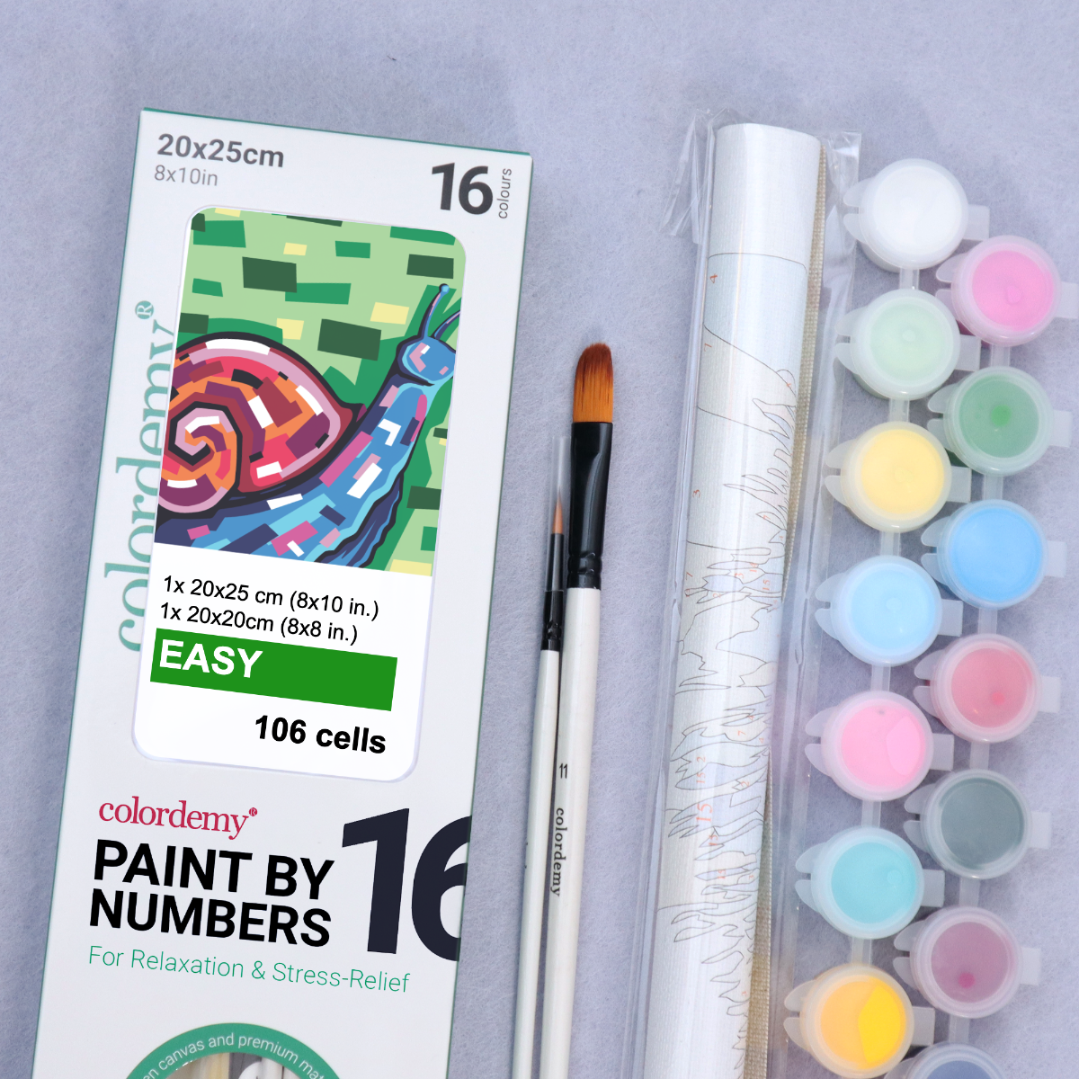 2-in-1 Paint by Numbers Kit - Rolled Canvases (20x25cm & 20x20cm), 16 Colours (Geometric Pop Art - Snail)