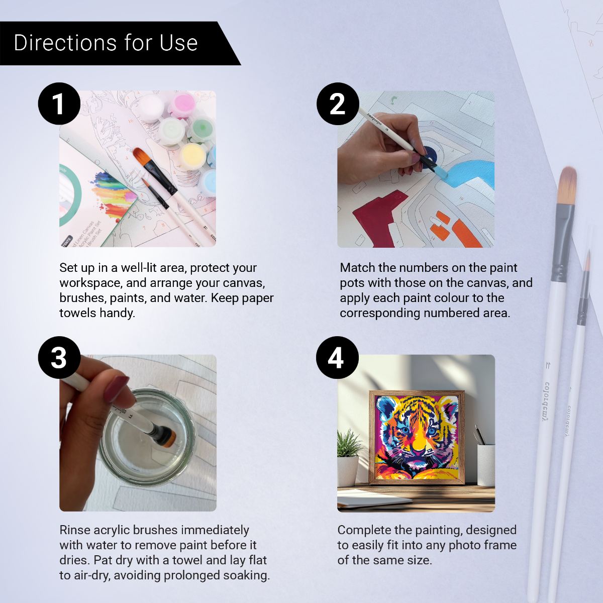 2-in-1 Paint by Numbers Kit - Rolled Canvases (20x25cm & 20x20cm), 16 Colours (Pop Party Palette - Tiger)