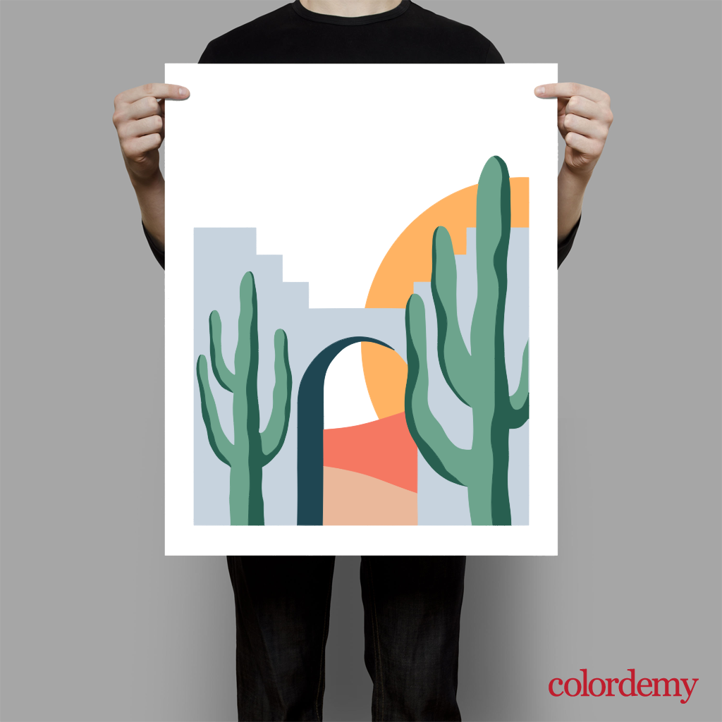 40x50cm Paint by Numbers Kit: Desert Solitude: Minimalist Cactus and Stone Structure