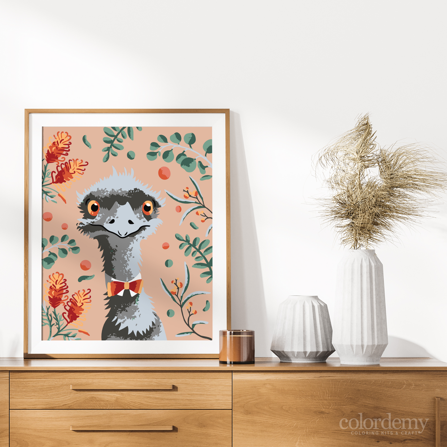 40x50cm Paint by Numbers kit: Leafy Serenity: Simple Emu with Pink Background