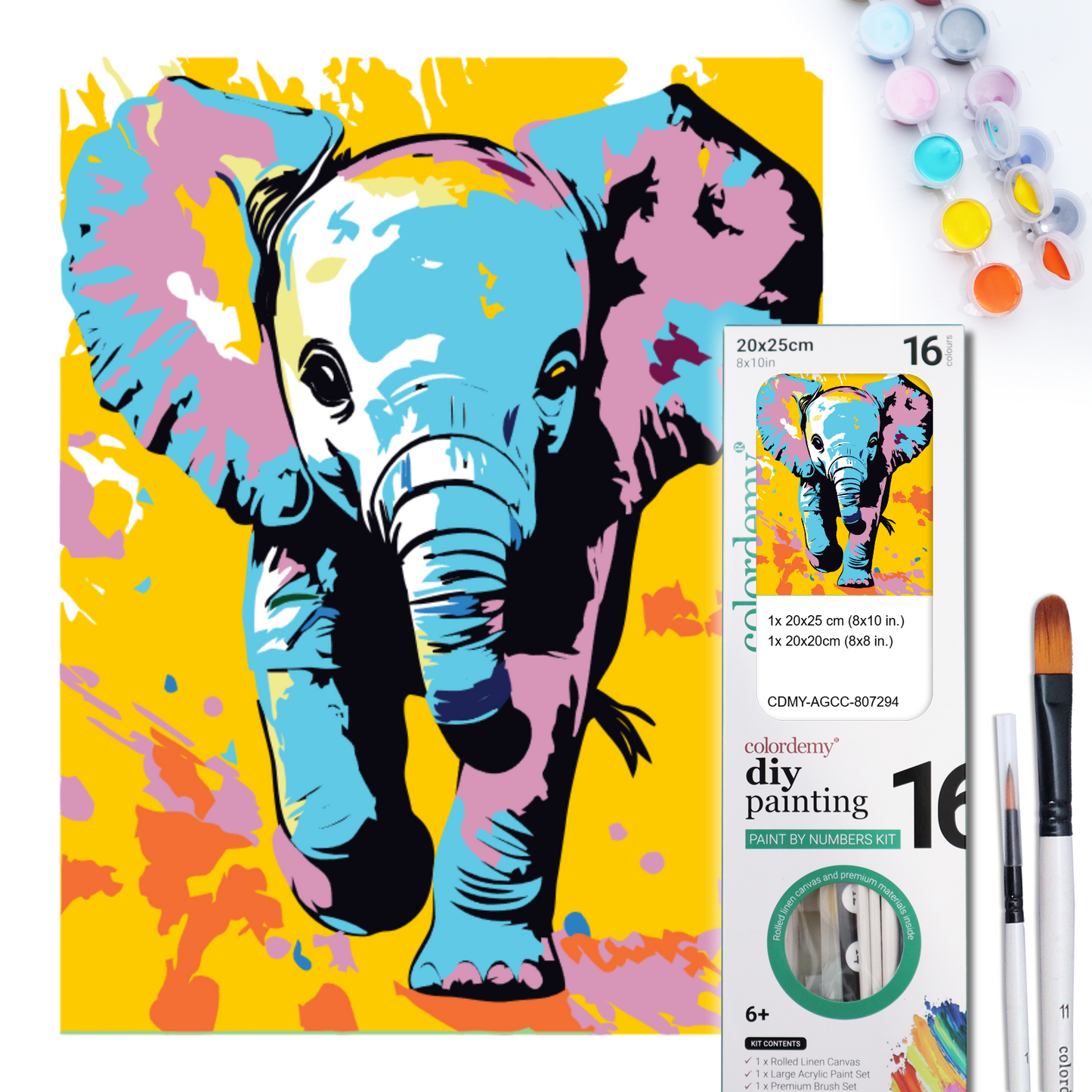 2-in-1 Paint by Numbers Kit - Rolled Canvases (20x25cm & 20x20cm), 16 Colours (Pop Party Palette - Elephant)