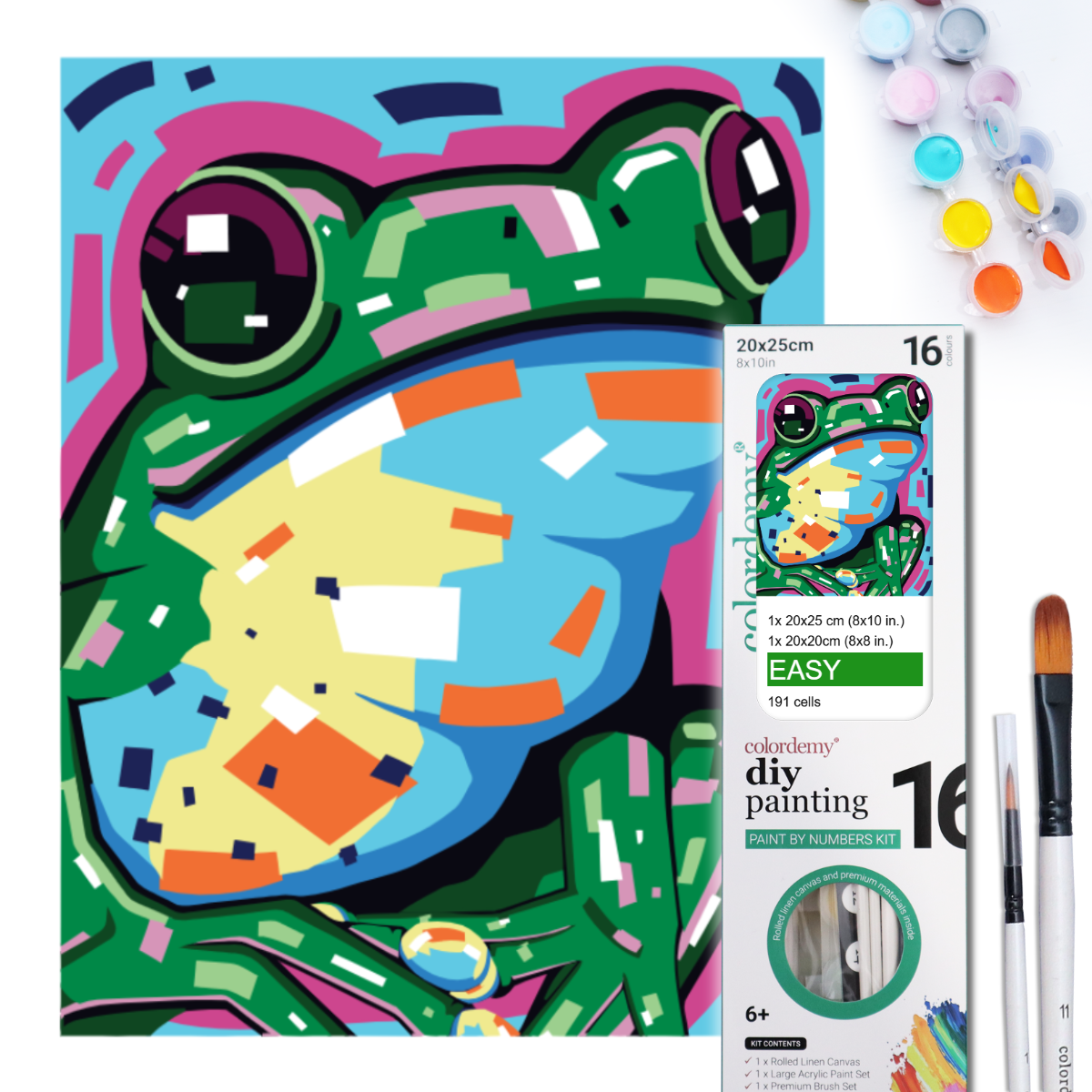 2-in-1 Paint by Numbers Kit - Rolled Canvases (20x25cm & 20x20cm), 16 Colours (Geometric Pop Art - Frog)