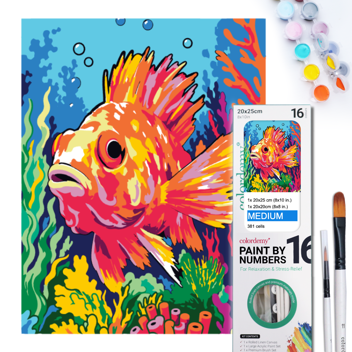 2-in-1 Paint by Numbers Kit - Rolled Canvases (20x25cm & 20x20cm), 16 Colours (Sea Life - Red Scorpion Fish)