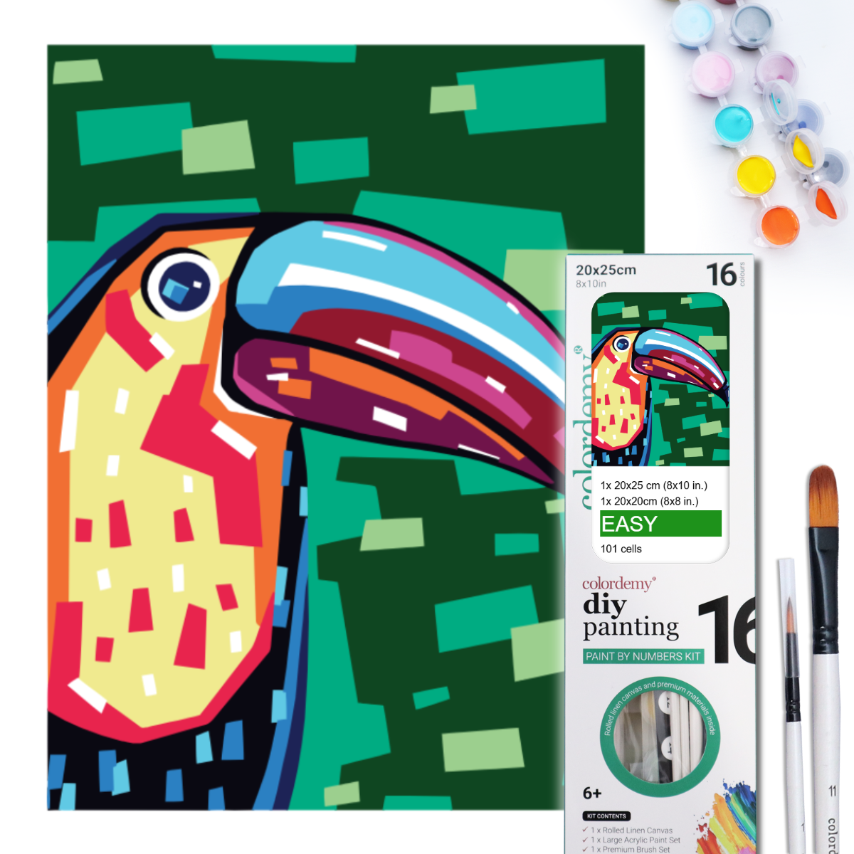 2-in-1 Paint by Numbers Kit - Rolled Canvases (20x25cm & 20x20cm), 16 Colours (Geometric Pop Art - Toucan)