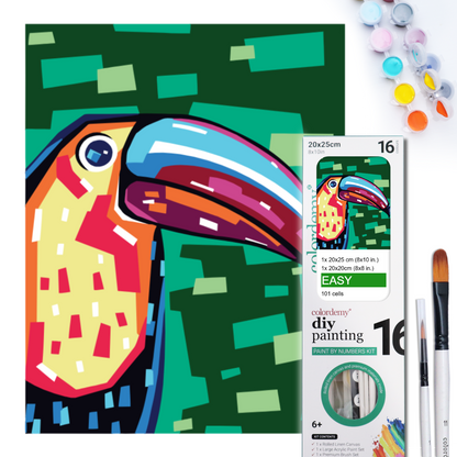 2-in-1 Paint by Numbers Kit - Rolled Canvases (20x25cm & 20x20cm), 16 Colours (Geometric Pop Art - Toucan)