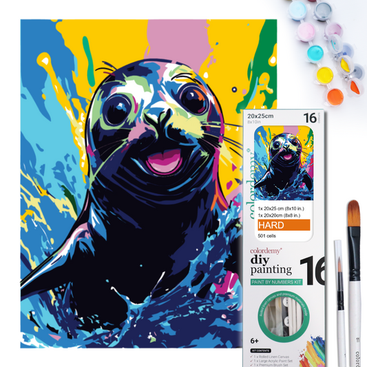2-in-1 Paint by Numbers Kit - Rolled Canvases (20x25cm & 20x20cm), 16 Colours (Sea Life - Black Seal)