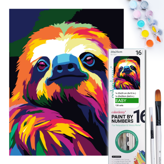 2-in-1 Paint by Numbers Kit - Rolled Canvases (20x25cm & 20x20cm), 16 Colours (Sloth)