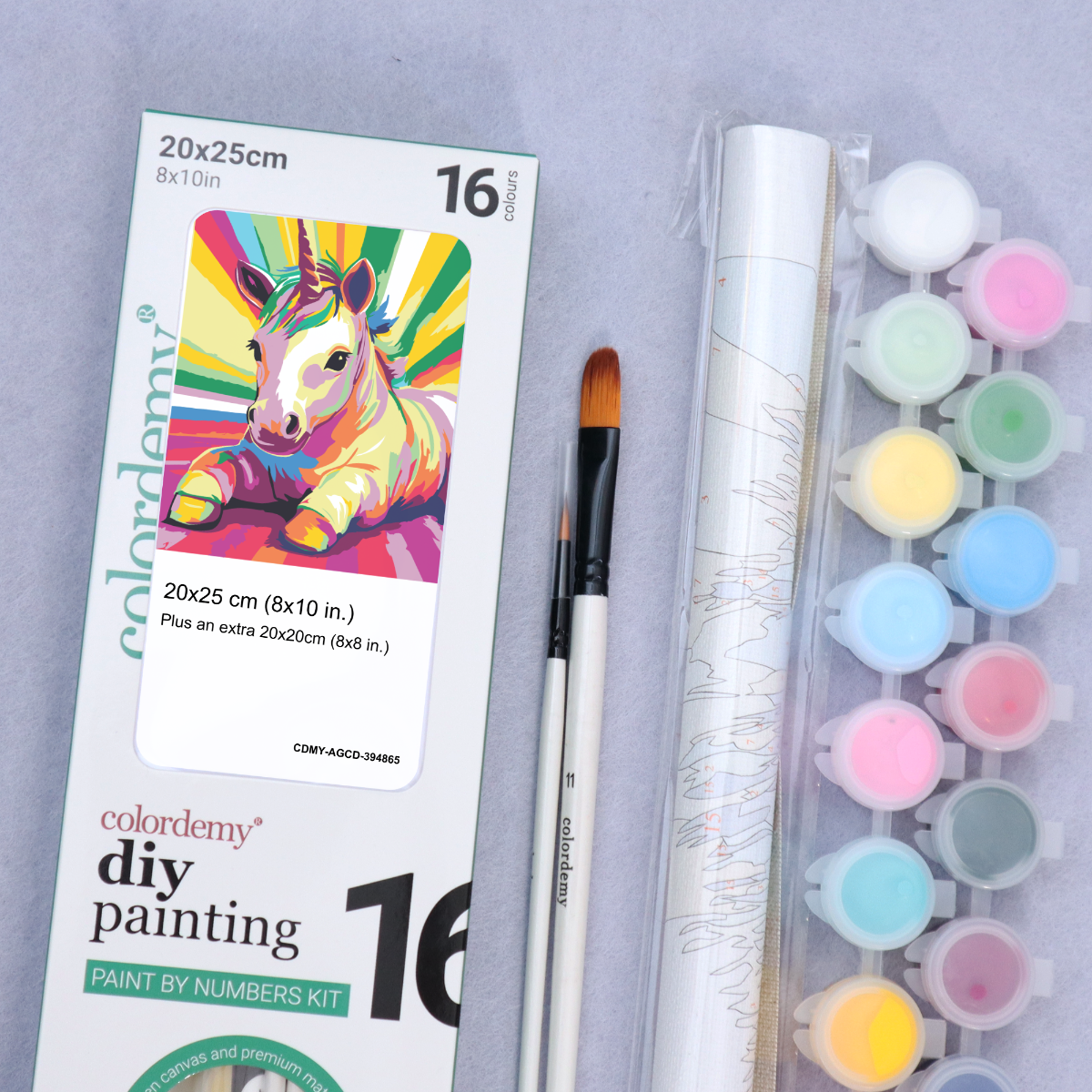 2-in-1 Paint by Numbers Kit - Rolled Canvases (20x25cm & 20x20cm), 16 Colours (Pop Party Palette - Unicorn)