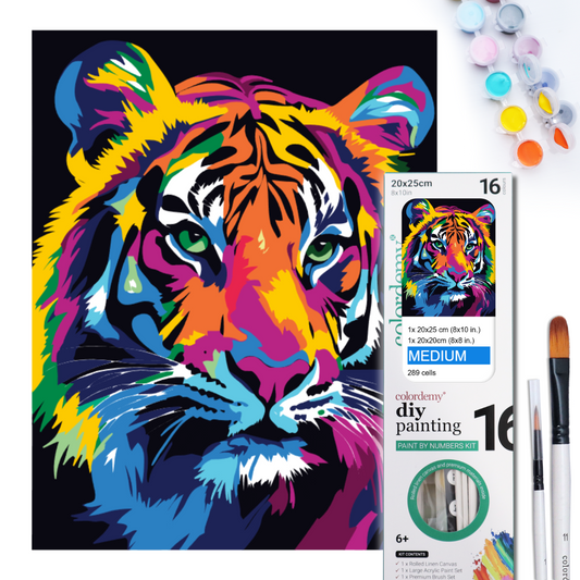 2-in-1 Paint by Numbers Kit - Rolled Canvases (20x25cm & 20x20cm), 16 Colours (Tiger)