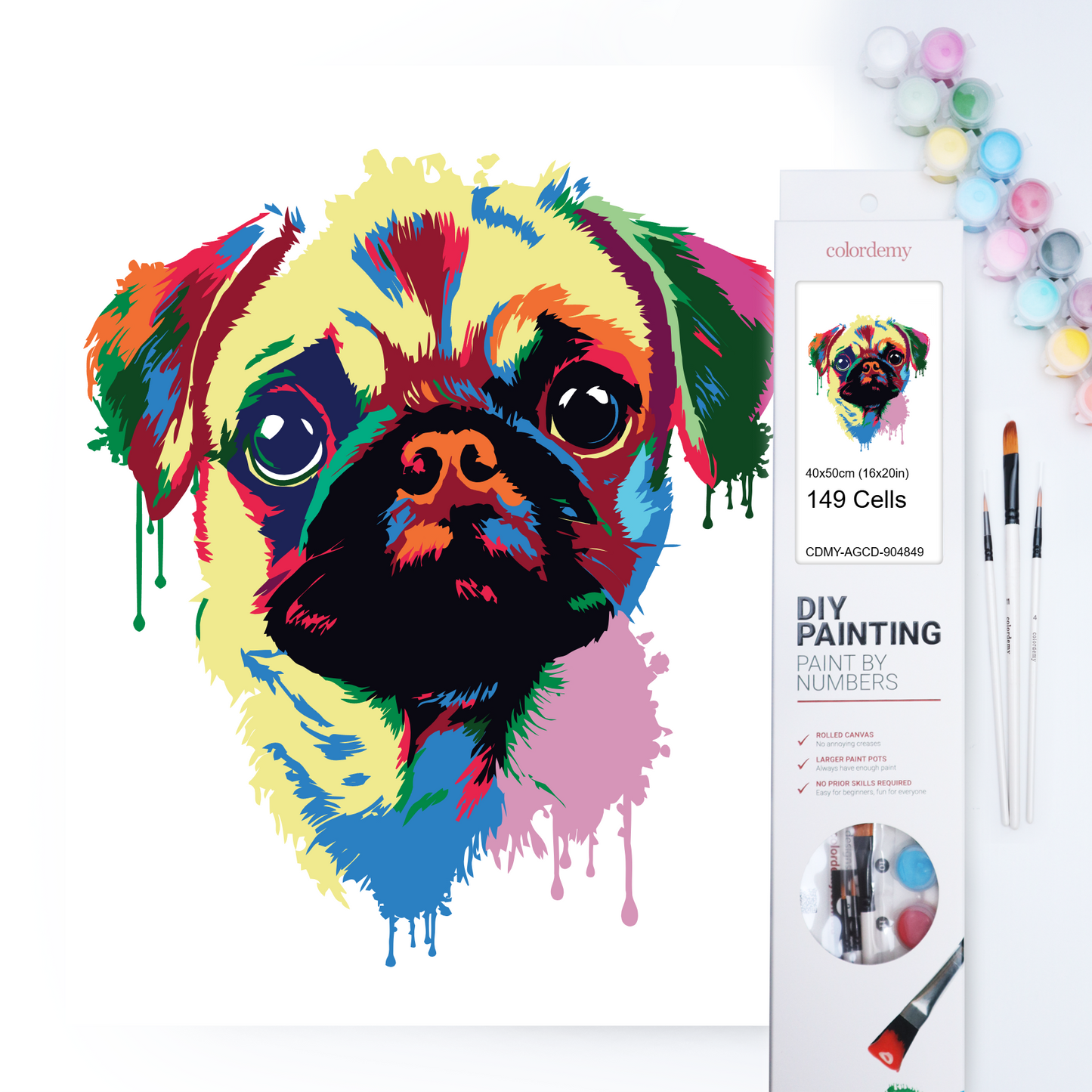 40x50cm Paint by Numbers Kit - Rolled Canvases, 16 Colours (Abstract Wild Collection - Pug)