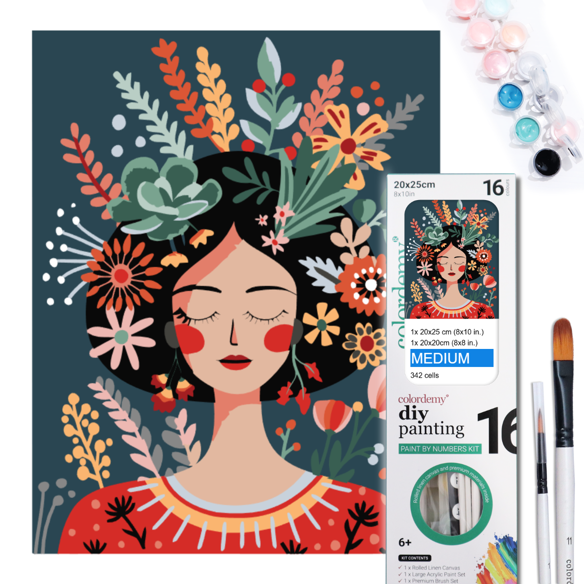 2-in-1 Paint by Numbers Kit - Rolled Canvases (20x25cm & 20x20cm), 16 Colours (Hue & Whimsy Collection - Floral Hair Lady)