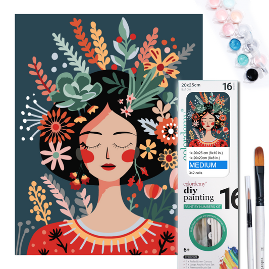 2-in-1 Paint by Numbers Kit - Rolled Canvases (20x25cm & 20x20cm), 16 Colours (Hue & Whimsy Collection - Floral Hair Lady)