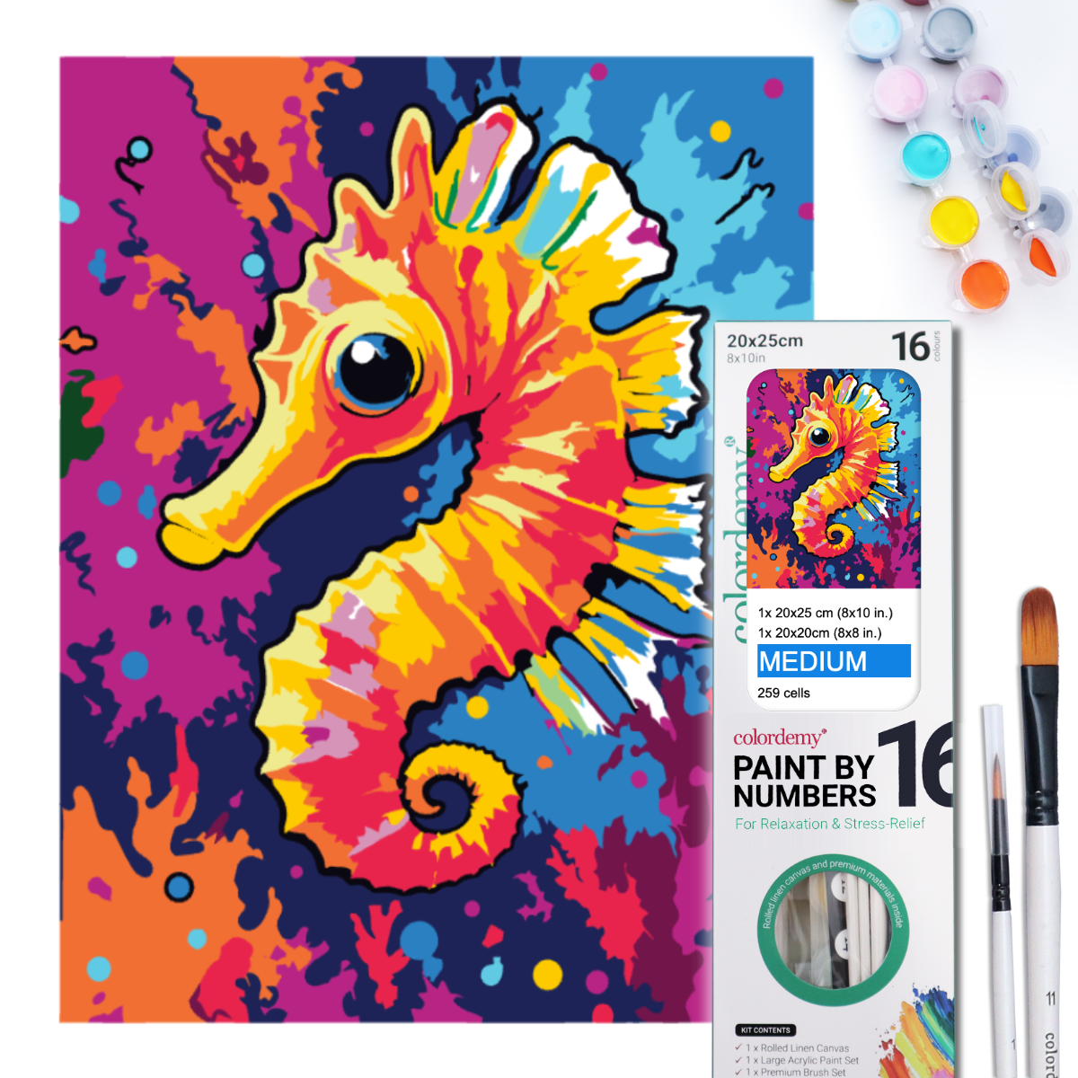 2-in-1 Paint by Numbers Kit - Rolled Canvases (20x25cm & 20x20cm), 16 Colours (Sea Life - Sea Horse)