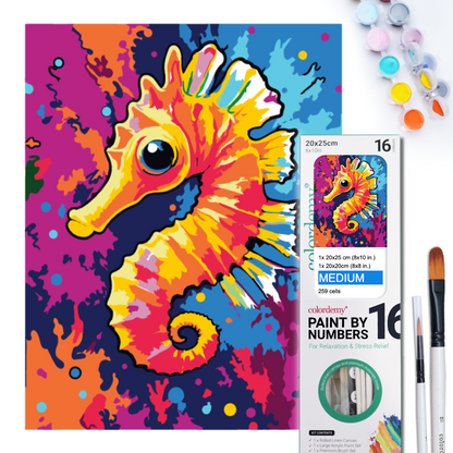2-in-1 Paint by Numbers Kit - Rolled Canvases (20x25cm & 20x20cm), 16 Colours (Sea Life - Sea Horse)