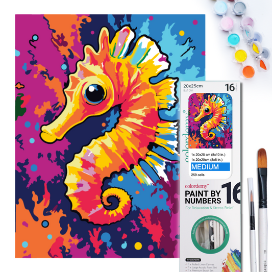 2-in-1 Paint by Numbers Kit - Rolled Canvases (20x25cm & 20x20cm), 16 Colours (Sea Life - Sea Horse)
