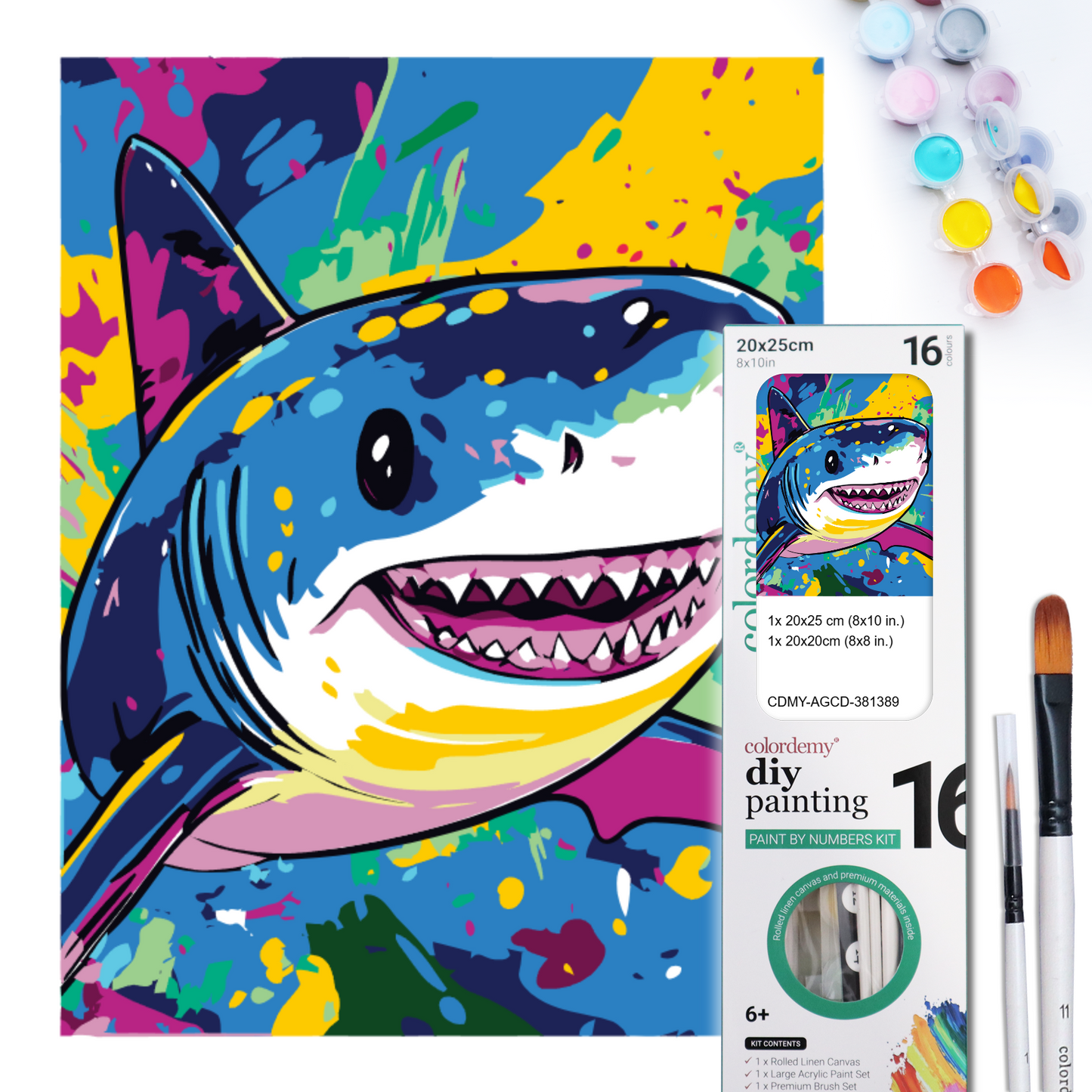 2-in-1 Paint by Numbers Kit - Rolled Canvases (20x25cm & 20x20cm), 16 Colours (Pop Party Palette - Shark)