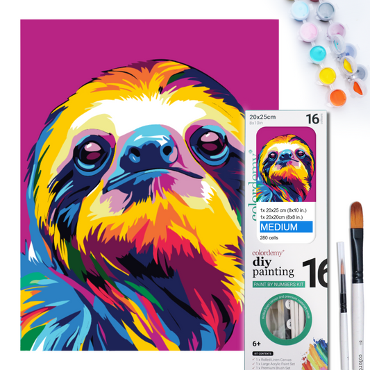 2-in-1 Paint by Numbers Kit - Rolled Canvases (20x25cm & 20x20cm), 16 Colours (Pop Party Palette - Sloth)