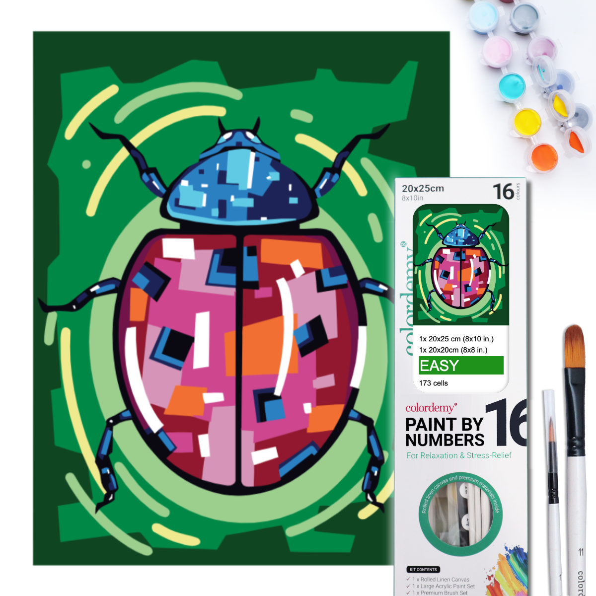 2-in-1 Paint by Numbers Kit - Rolled Canvases (20x25cm & 20x20cm), 16 Colours (Geometric Pop Art - Ladybug)