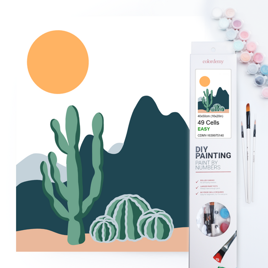40x50cm Paint by Numbers Kit: Desert Harmony: Minimalist Saguaro and Golden Barrel Cactus