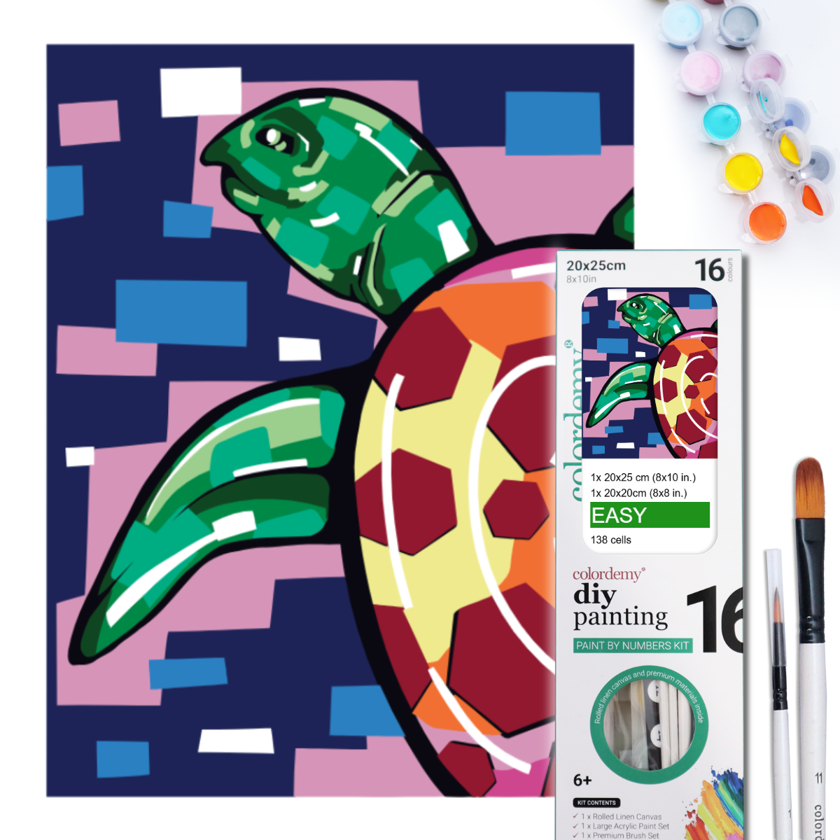 2-in-1 Paint by Numbers Kit - Rolled Canvases (20x25cm & 20x20cm), 16 Colours (Geometric Pop Art - Turtle)