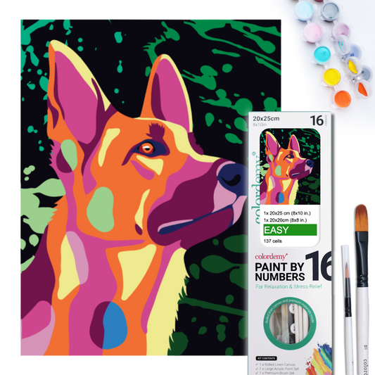 2-in-1 Paint by Numbers Kit - Rolled Canvases (20x25cm & 20x20cm), 16 Colours (Proud Little Paws - Shepherd)