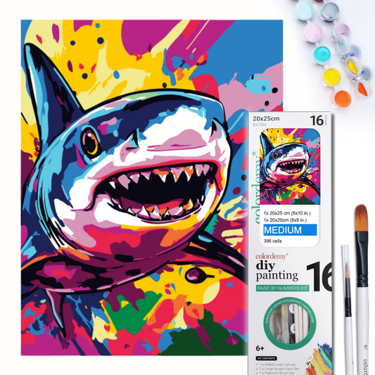 2-in-1 Paint by Numbers Kit - Rolled Canvases (20x25cm & 20x20cm), 16 Colours (Sea Life - Shark)