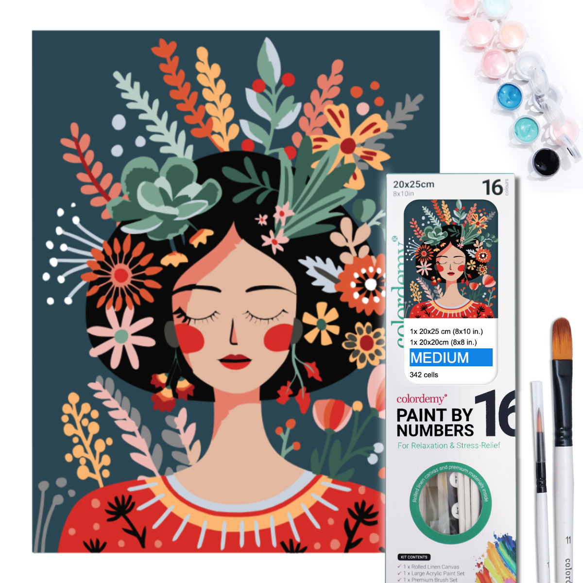 2-in-1 Paint by Numbers Kit - Rolled Canvases (20x25cm & 20x20cm), 16 Colours (Hue & Whimsy Collection - Floral Hair Lady)