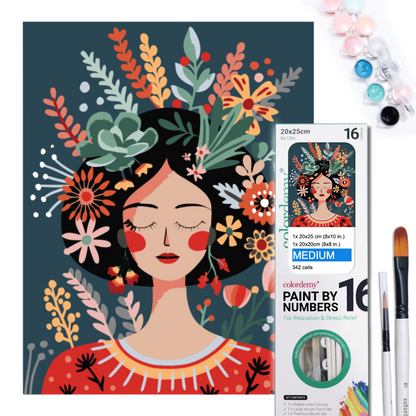 2-in-1 Paint by Numbers Kit - Rolled Canvases (20x25cm & 20x20cm), 16 Colours (Hue & Whimsy Collection - Floral Hair Lady)