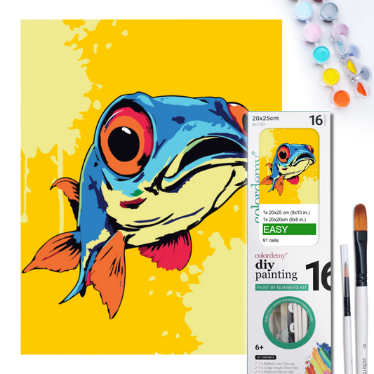 2-in-1 Paint by Numbers Kit - Rolled Canvases (20x25cm & 20x20cm), 16 Colours (Pop Party Palette - Blue Fish)