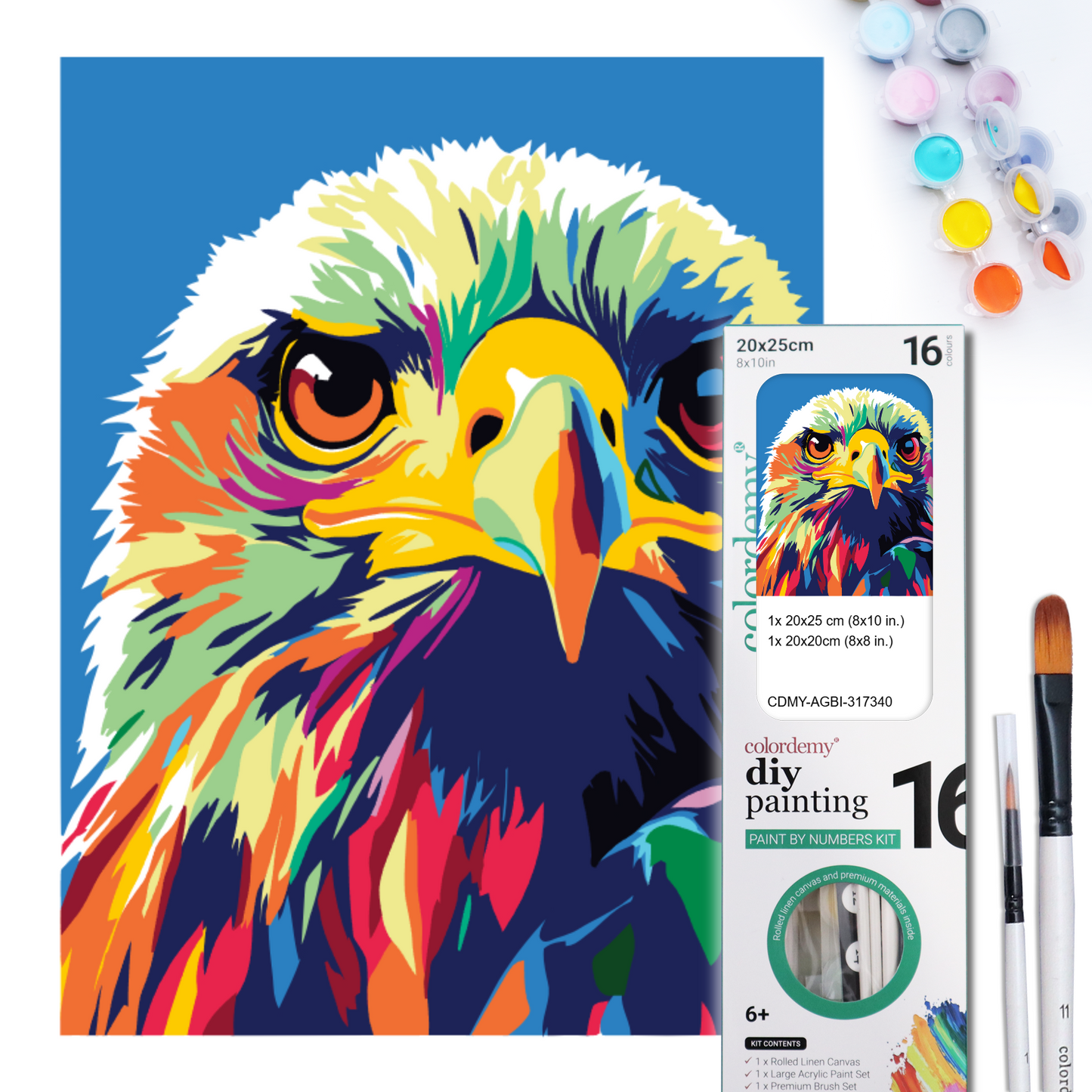 2-in-1 Paint by Numbers Kit - Rolled Canvases (20x25cm & 20x20cm), 16 Colours (Pop Party Palette - Eagle)